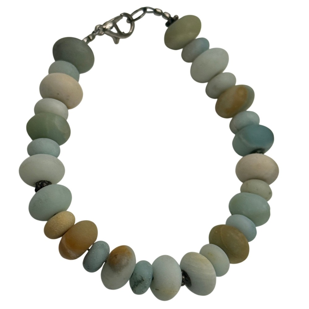Handmade Matte Amazonite Gemstone Bracelet Blue Green Rondelle Beads 7.5 Inch